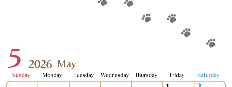 2026年5月カレンダーは縦型日曜始まりで猫の肉球にほっこり癒されるゆるおしゃれデザイン♪ダウンロードは無料♪(2026-01280510)