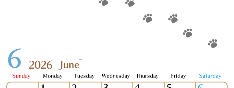 2026年6月カレンダーは縦型日曜始まりで猫の肉球にほっこり癒されるゆるおしゃれデザイン♪ダウンロードは無料♪(2026-01280610)