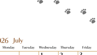 2026年7月カレンダーは縦型日曜始まり で猫の自由きままな足あとがおしゃれかわいいデザインなのでおすすめ：無料(2026-01280710)