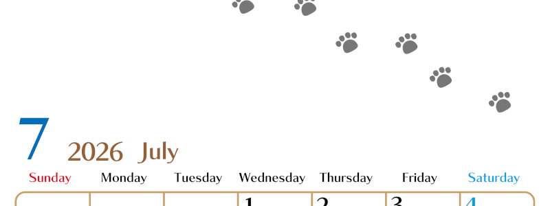 2026年7月カレンダーは縦型日曜始まり で猫の自由きままな足あとがおしゃれかわいいデザインなのでおすすめ：無料(2026-01280710)