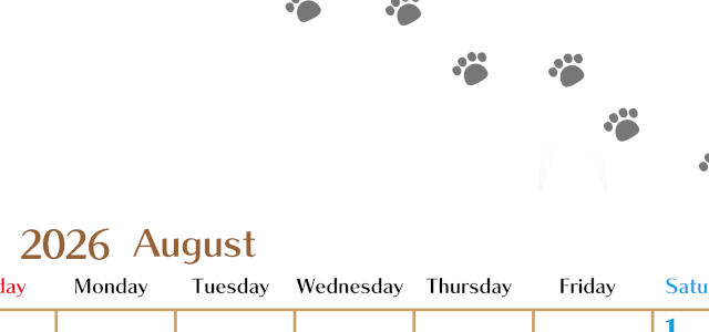 2026年8月カレンダーは縦型日曜始まりで猫の肉球にほっこり癒されるゆるおしゃれデザイン♪ダウンロードは無料♪(2026-01280810)