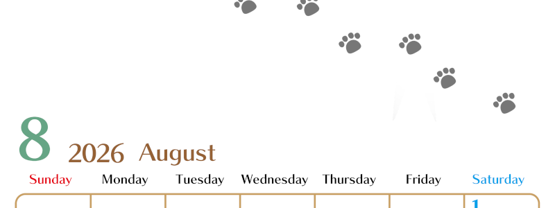 2026年8月カレンダーは縦型日曜始まりで猫の肉球にほっこり癒されるゆるおしゃれデザイン♪ダウンロードは無料♪(2026-01280810)