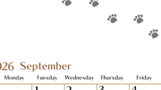 2026年9月カレンダーは縦型日曜始まりで猫の肉球にほっこり癒されるゆるおしゃれデザイン♪ダウンロードは無料♪(2026-01280910)