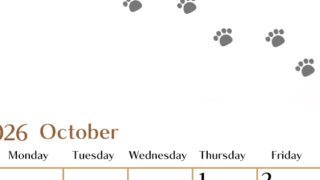 2026年10月カレンダーは縦型日曜始まりで猫の肉球にほっこり癒されるゆるおしゃれデザイン♪ダウンロードは無料♪(2026-01281010)