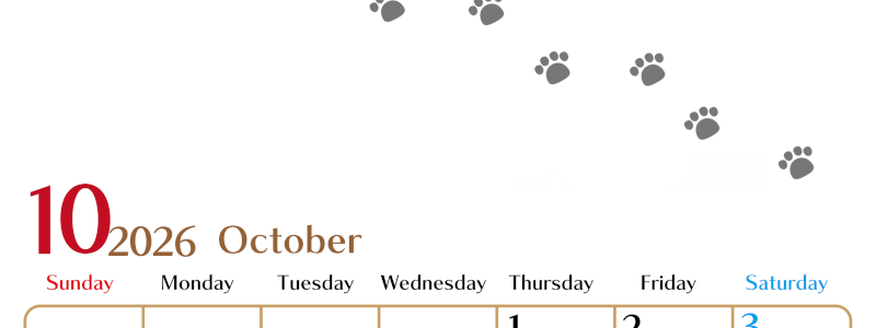 2026年10月カレンダーは縦型日曜始まりで猫の肉球にほっこり癒されるゆるおしゃれデザイン♪ダウンロードは無料♪(2026-01281010)