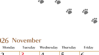 2026年11月カレンダーは縦型日曜始まりで猫の肉球にほっこり癒されるゆるおしゃれデザイン♪ダウンロードは無料♪(2026-01281110)