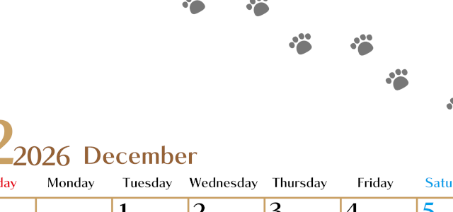 2026年12月カレンダーは縦型日曜始まりで猫の肉球にほっこり癒されるゆるおしゃれデザイン♪ダウンロードは無料♪(2026-01281210)