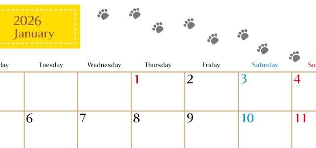 2026年1月カレンダーは横型月曜始まりで猫の肉球にほっこり癒されるゆるおしゃれデザイン♪ダウンロードは無料♪(2026-01280101)