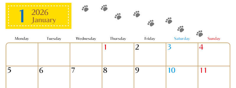 2026年1月カレンダーは横型月曜始まりで猫の肉球にほっこり癒されるゆるおしゃれデザイン♪ダウンロードは無料♪(2026-01280101)