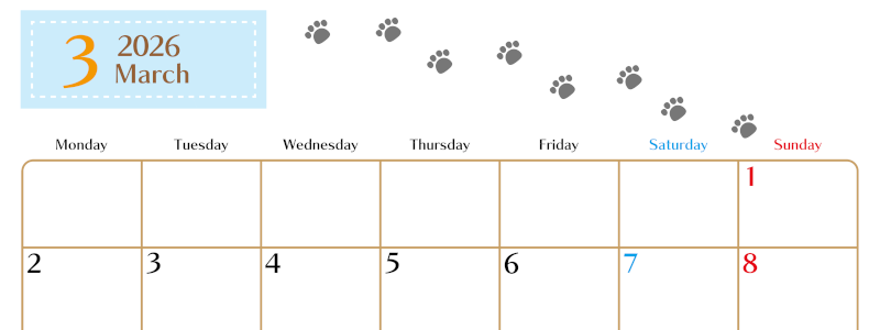 2026年3月カレンダーは横型月曜始まりで猫の肉球にほっこり癒されるゆるおしゃれデザイン♪ダウンロードは無料♪(2026-01280301)