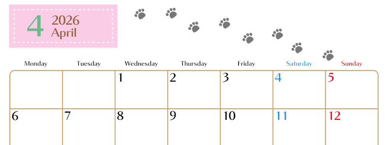 2026年4月カレンダーは横型月曜始まりで猫の肉球にほっこり癒されるゆるおしゃれデザイン♪ダウンロードは無料♪(2026-01280401)