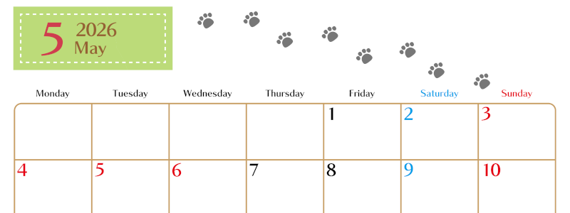 2026年5月カレンダーは横型月曜始まりで猫の肉球にほっこり癒されるゆるおしゃれデザイン♪ダウンロードは無料♪(2026-01280501)