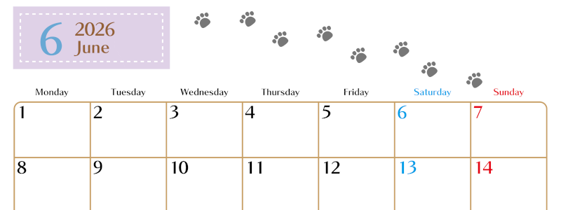 2026年6月カレンダーは横型月曜始まりで猫の肉球にほっこり癒されるゆるおしゃれデザイン♪ダウンロードは無料♪(2026-01280601)