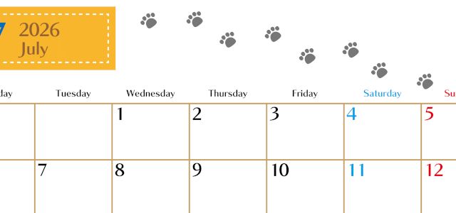 2026年7月カレンダーは横型月曜始まり で猫の自由きままな足あとがおしゃれかわいいデザインなのでおすすめ：無料(2026-01280701)