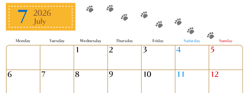 2026年7月カレンダーは横型月曜始まり で猫の自由きままな足あとがおしゃれかわいいデザインなのでおすすめ：無料(2026-01280701)