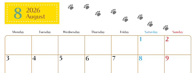 2026年8月カレンダーは横型月曜始まりで猫の肉球にほっこり癒されるゆるおしゃれデザイン♪ダウンロードは無料♪(2026-01280801)