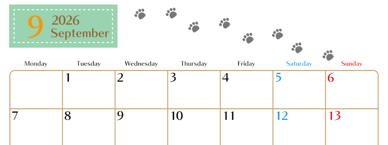2026年9月カレンダーは横型月曜始まりで猫の肉球にほっこり癒されるゆるおしゃれデザイン♪ダウンロードは無料♪(2026-01280901)