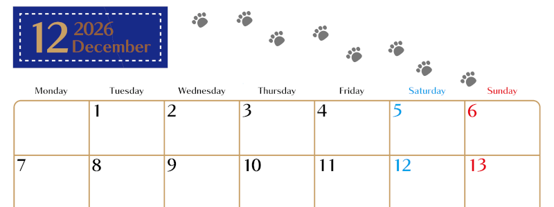 2026年12月カレンダーは横型月曜始まりで猫の肉球にほっこり癒されるゆるおしゃれデザイン♪ダウンロードは無料♪(2026-01281201)