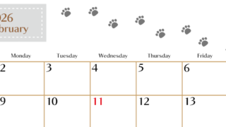 2026年2月カレンダーは横型日曜始まりで猫の肉球にほっこり癒されるゆるおしゃれデザイン♪ダウンロードは無料♪(2026-01280200)