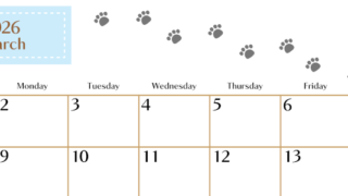 2026年3月カレンダーは横型日曜始まりで猫の肉球にほっこり癒されるゆるおしゃれデザイン♪ダウンロードは無料♪(2026-01280300)
