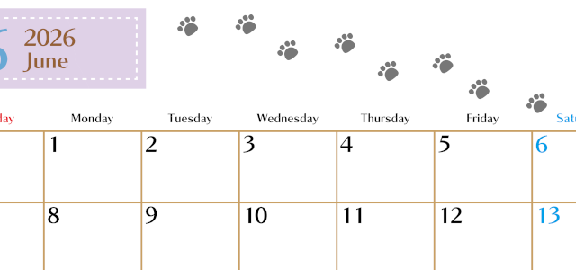 2026年6月カレンダーは横型日曜始まりで猫の肉球にほっこり癒されるゆるおしゃれデザイン♪ダウンロードは無料♪(2026-01280600)