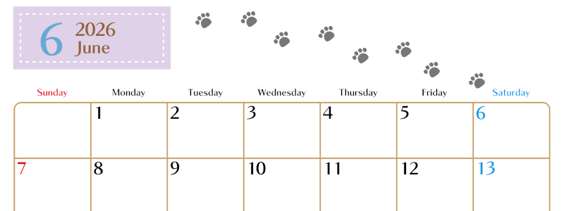 2026年6月カレンダーは横型日曜始まりで猫の肉球にほっこり癒されるゆるおしゃれデザイン♪ダウンロードは無料♪(2026-01280600)