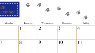 2026年12月カレンダーは横型日曜始まりで猫の肉球にほっこり癒されるゆるおしゃれデザイン♪ダウンロードは無料♪(2026-01281200)