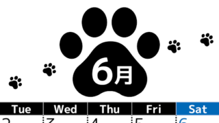 2026年6月カレンダーは縦型月曜始まりでかわいい猫の黒い足跡をテーマにしたイラスト付き♪気ままに無料ダウンロード♪(2026-01290611)