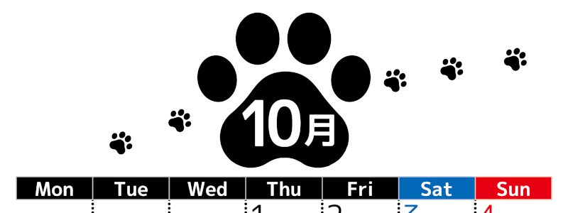 2026年10月カレンダーは縦型月曜始まりでかわいい猫の黒い足跡をテーマにしたイラスト付き♪気ままに無料ダウンロード♪(2026-01291011)