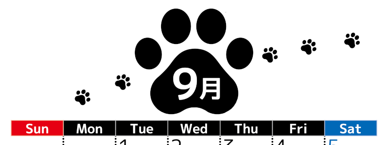 2026年9月カレンダーは縦型日曜始まりでかわいい猫の黒い足跡をテーマにしたイラスト付き♪気ままに無料ダウンロード♪(2026-01290910)