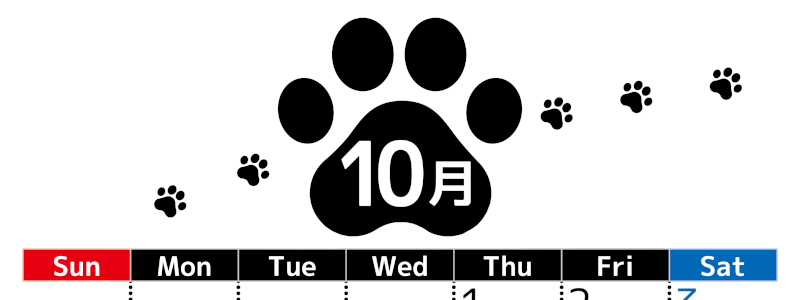 2026年10月カレンダーは縦型日曜始まりでかわいい猫の黒い足跡をテーマにしたイラスト付き♪気ままに無料ダウンロード♪(2026-01291010)