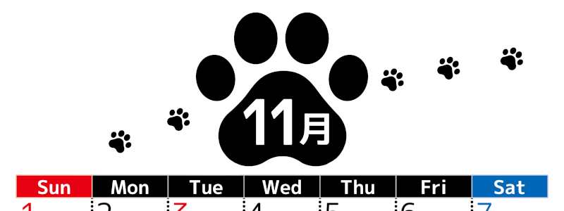 2026年11月カレンダーは縦型日曜始まりでかわいい猫の黒い足跡をテーマにしたイラスト付き♪気ままに無料ダウンロード♪(2026-01291110)
