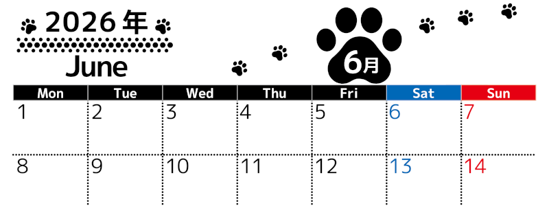 2026年6月カレンダーは横型月曜始まりでかわいい猫の黒い足跡をテーマにしたイラスト付き♪気ままに無料ダウンロード♪(2026-01290601)