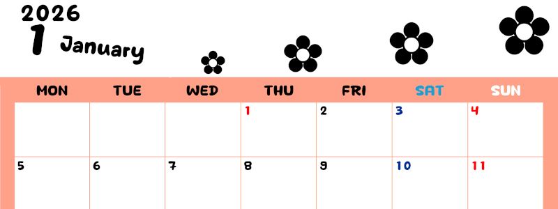 2026年1月カレンダーは横型月曜始まりでフラワーシルエットがかわいいシンプルお花デザイン：無料(2026-01300101)