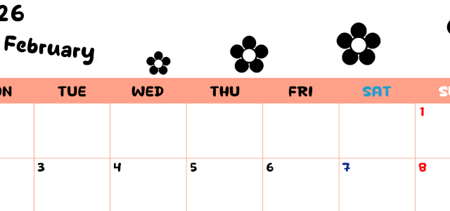 2026年2月カレンダーは横型月曜始まりでフラワーシルエットがかわいいシンプルお花デザイン：無料(2026-01300201)