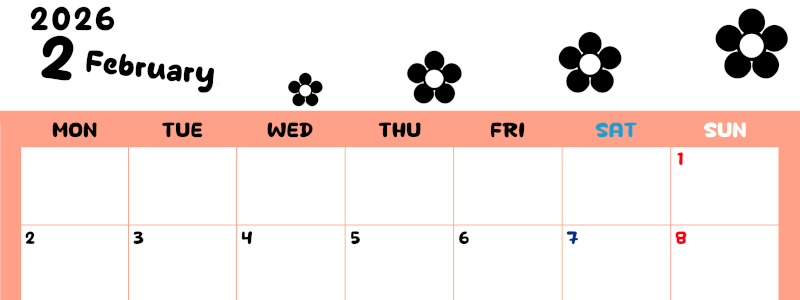 2026年2月カレンダーは横型月曜始まりでフラワーシルエットがかわいいシンプルお花デザイン：無料(2026-01300201)