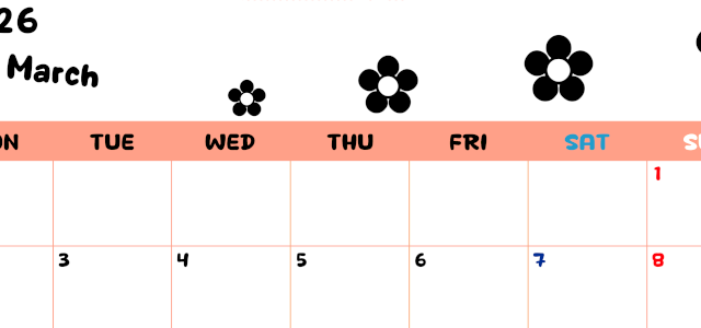 2026年3月カレンダーは横型月曜始まりでフラワーシルエットがかわいいシンプルお花デザイン：無料(2026-01300301)