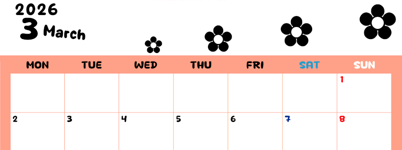 2026年3月カレンダーは横型月曜始まりでフラワーシルエットがかわいいシンプルお花デザイン：無料(2026-01300301)