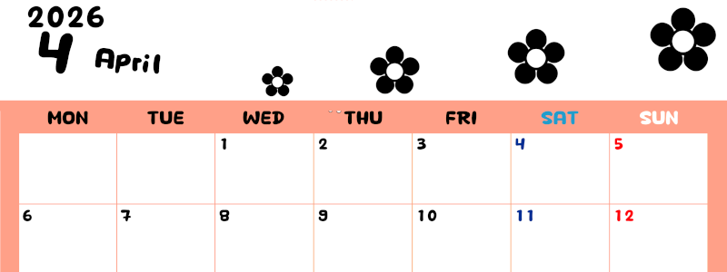 2026年4月カレンダーは横型月曜始まりでフラワーシルエットがかわいいシンプルお花デザイン：無料(2026-01300401)