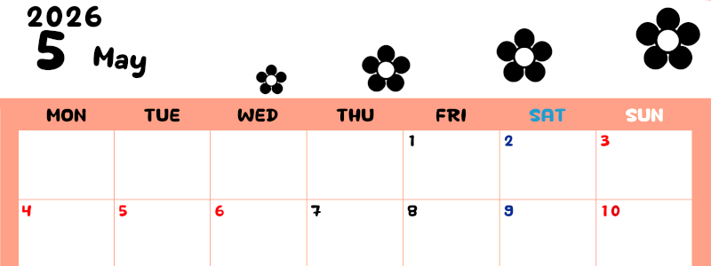 2026年5月カレンダーは横型月曜始まりでフラワーシルエットがかわいいシンプルお花デザイン：無料(2026-01300501)