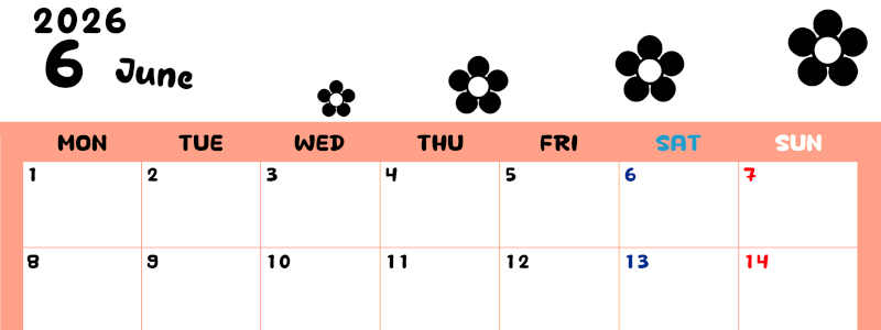 2026年6月カレンダーは横型月曜始まりでフラワーシルエットがかわいいシンプルお花デザイン：無料(2026-01300601)