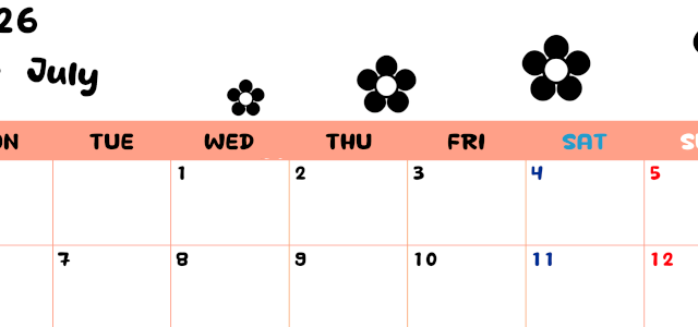 2026年7月カレンダーは横型月曜始まり でフラワーシルエットがかわいいシンプルお花デザイン：無料(2026-01300701)
