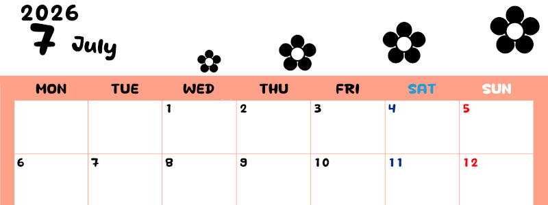 2026年7月カレンダーは横型月曜始まり でフラワーシルエットがかわいいシンプルお花デザイン：無料(2026-01300701)