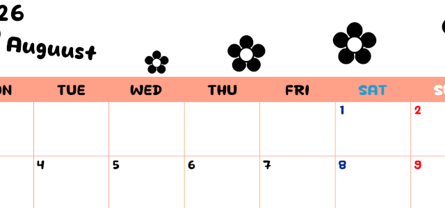 2026年8月カレンダーは横型月曜始まりでフラワーシルエットがかわいいシンプルお花デザイン：無料(2026-01300801)