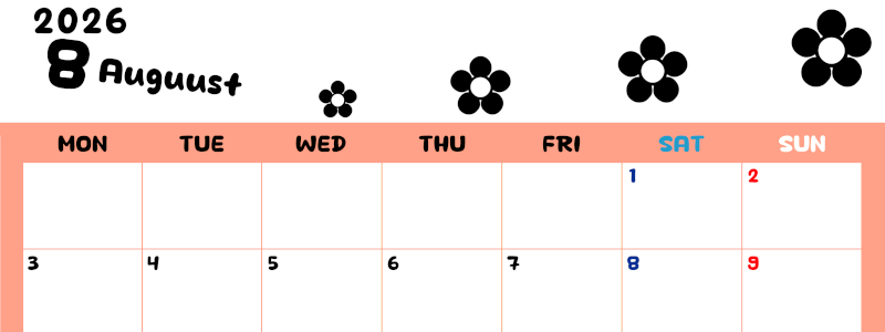 2026年8月カレンダーは横型月曜始まりでフラワーシルエットがかわいいシンプルお花デザイン：無料(2026-01300801)