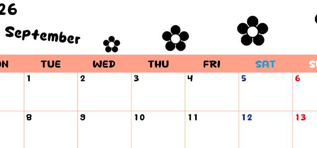 2026年9月カレンダーは横型月曜始まりでフラワーシルエットがかわいいシンプルお花デザイン：無料(2026-01300901)