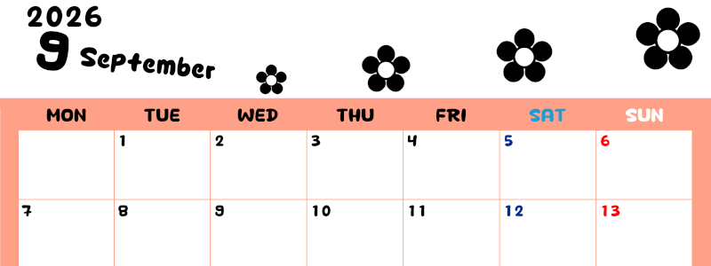 2026年9月カレンダーは横型月曜始まりでフラワーシルエットがかわいいシンプルお花デザイン：無料(2026-01300901)