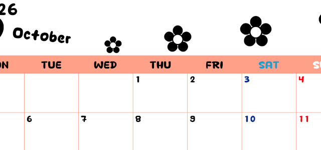 2026年10月カレンダーは横型月曜始まりでフラワーシルエットがかわいいシンプルお花デザイン：無料(2026-01301001)