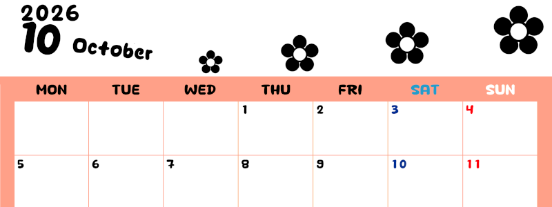 2026年10月カレンダーは横型月曜始まりでフラワーシルエットがかわいいシンプルお花デザイン：無料(2026-01301001)