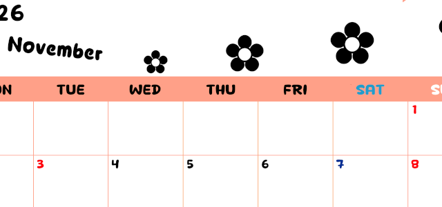 2026年11月カレンダーは横型月曜始まりでフラワーシルエットがかわいいシンプルお花デザイン：無料(2026-01301101)
